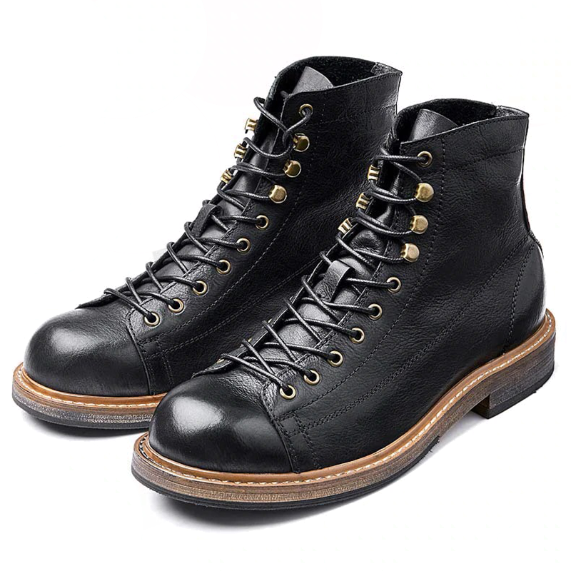 Retro Men's Big Round Toe Lace Up Ankle Boots / Casual Male Genuine Leather Shoes - HARD'N'HEAVY