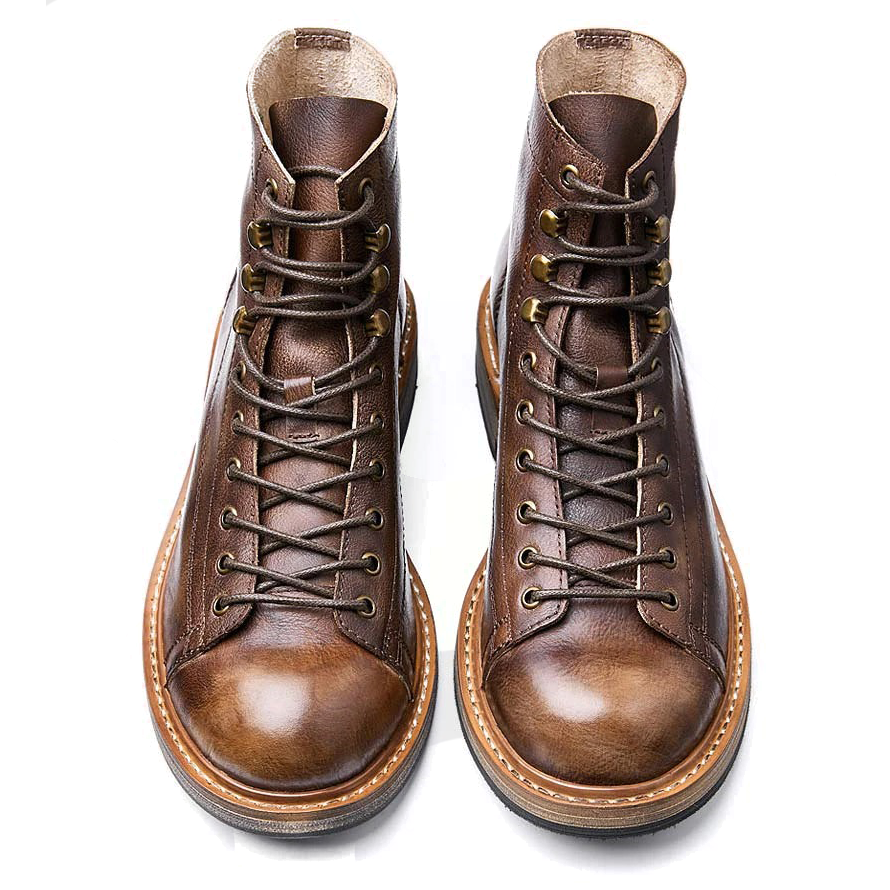 Retro Men's Big Round Toe Lace Up Ankle Boots / Casual Male Genuine Leather Shoes - HARD'N'HEAVY