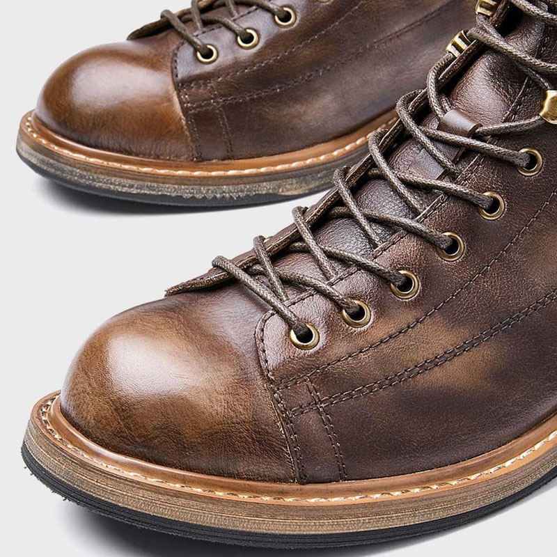 Retro Men's Big Round Toe Lace Up Ankle Boots / Casual Male Genuine Leather Shoes - HARD'N'HEAVY