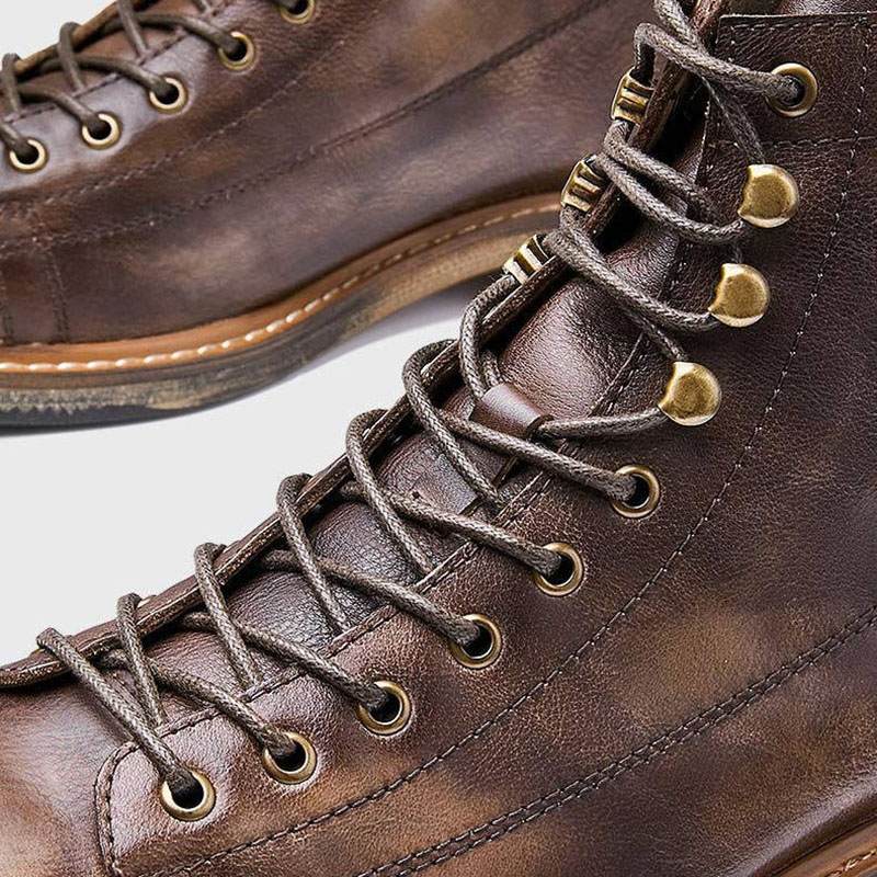 Retro Men's Big Round Toe Lace Up Ankle Boots / Casual Male Genuine Leather Shoes - HARD'N'HEAVY