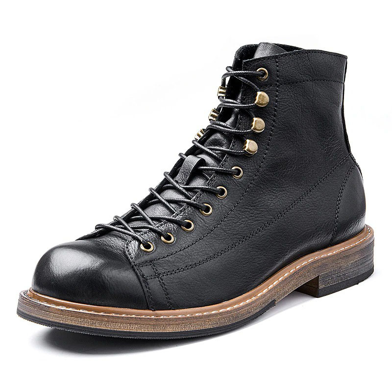 Retro Men's Big Round Toe Lace Up Ankle Boots / Casual Male Genuine Leather Shoes - HARD'N'HEAVY