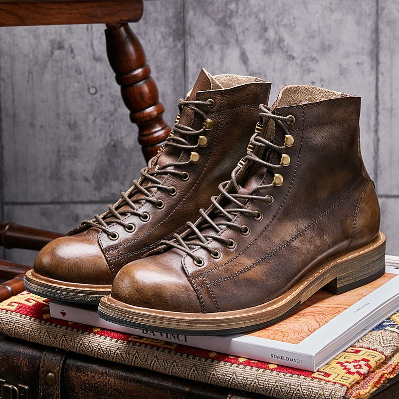 Retro Men's Big Round Toe Lace Up Ankle Boots / Casual Male Genuine Leather Shoes - HARD'N'HEAVY