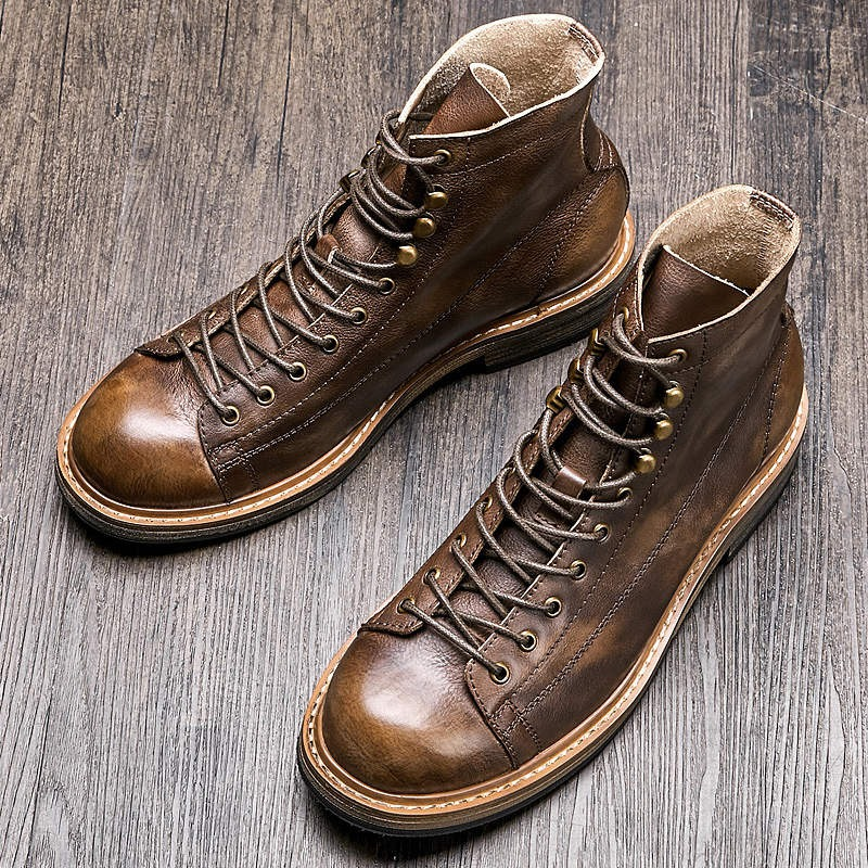 Retro Men's Big Round Toe Lace Up Ankle Boots / Casual Male Genuine Leather Shoes - HARD'N'HEAVY