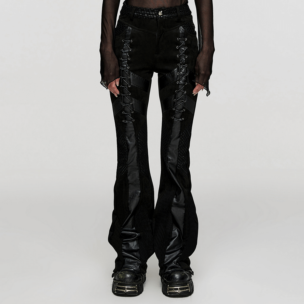 Edgy retro punk flared trousers with eyelet lace-up detail in black suede and faux leather, showcasing a gothic style.
