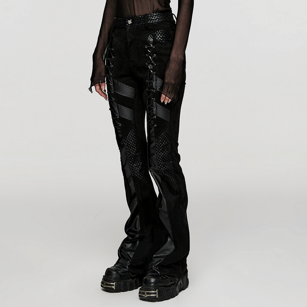 Gothic style retro punk flared trousers with eyelet lace-up detail and unique splicing.