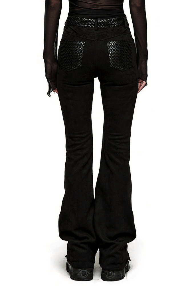 Back view of retro punk flared trousers in black suede with eyelet detailing, perfect for a gothic style.