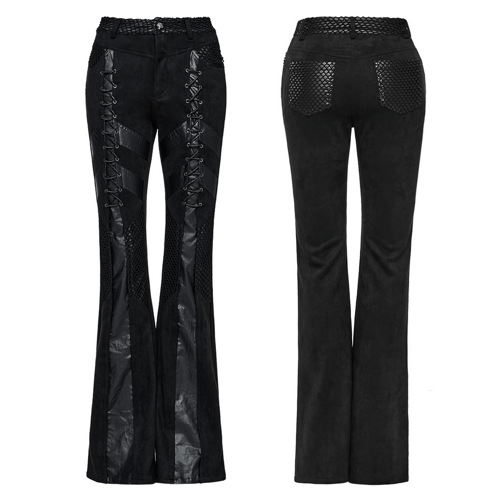 Retro punk flared trousers with eyelet lace-up detail, featuring suede and faux leather for a gothic style.