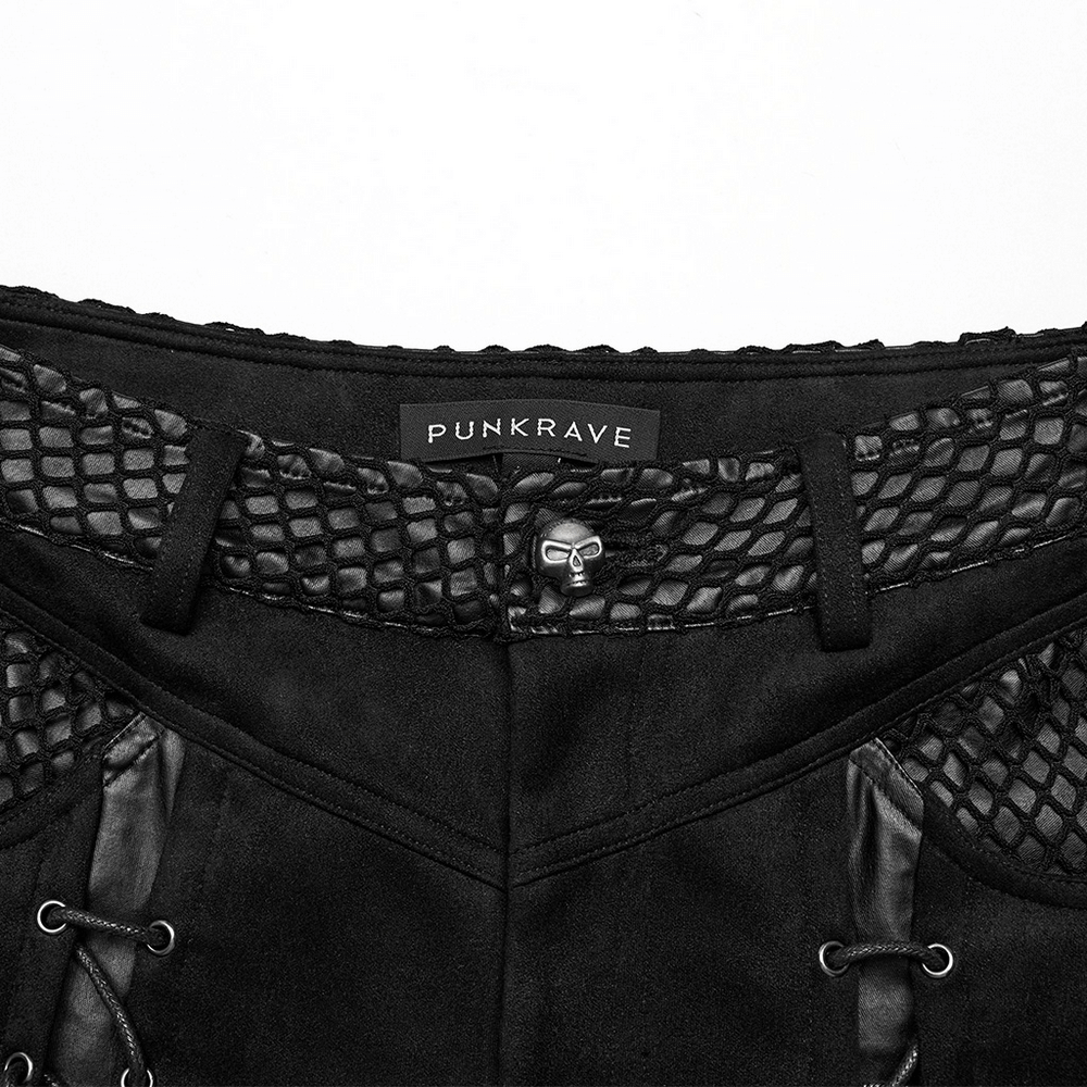 Close-up of Retro Punk Eyelet Lace-Up Suede Trousers showcasing fishnet detail and gothic style elements.