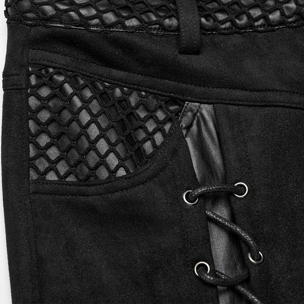 Close-up of retro punk flared trousers with eyelet lace-up and mesh pocket detail for a gothic style look.