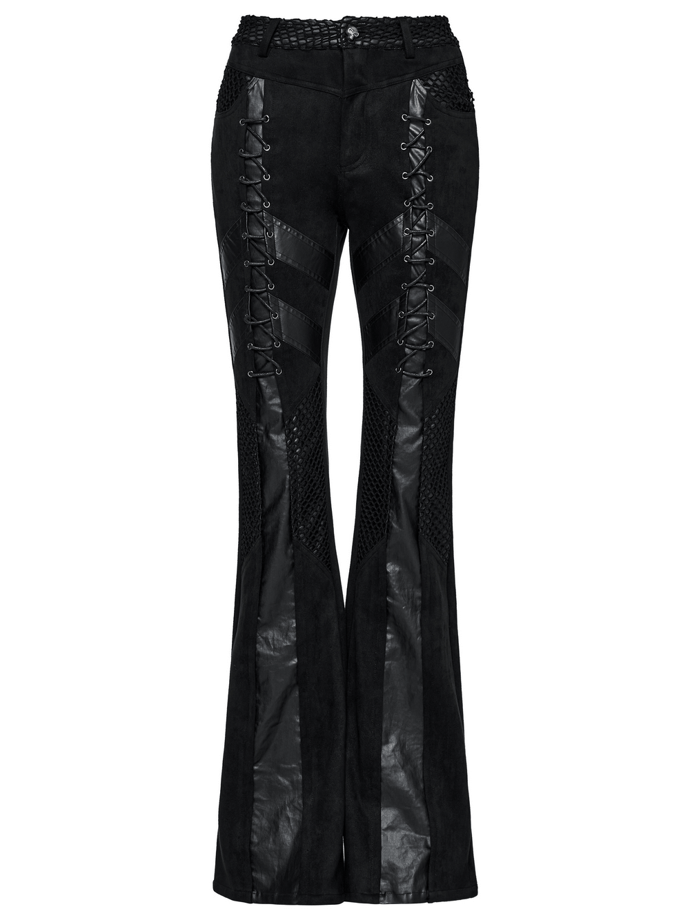 Retro punk flared trousers in black, featuring eyelet lace-up sides and edgy faux leather detail for gothic style.
