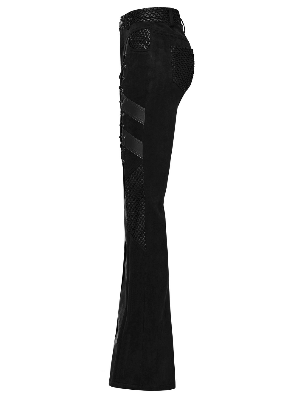 Retro punk flared trousers with eyelet lace-up detailing and unique trapezoidal segments in gothic style.