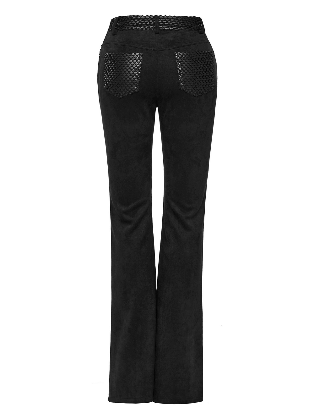 Back view of Retro Punk Eyelet Lace-Up Suede Flared Trousers with mesh detail pockets, perfect for gothic style fashion.