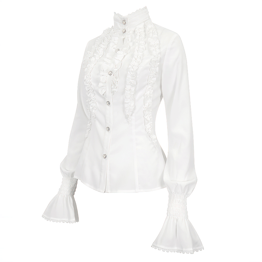 Victorian gothic white blouse with ruffled front and flared cuffs, perfect for a retro-chic look.