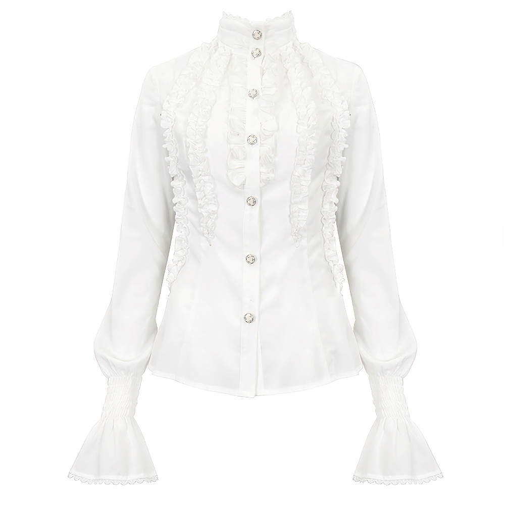 Gothic slim white blouse with retro ruffles and flared cuffs, perfect blend of vintage and modern styles.