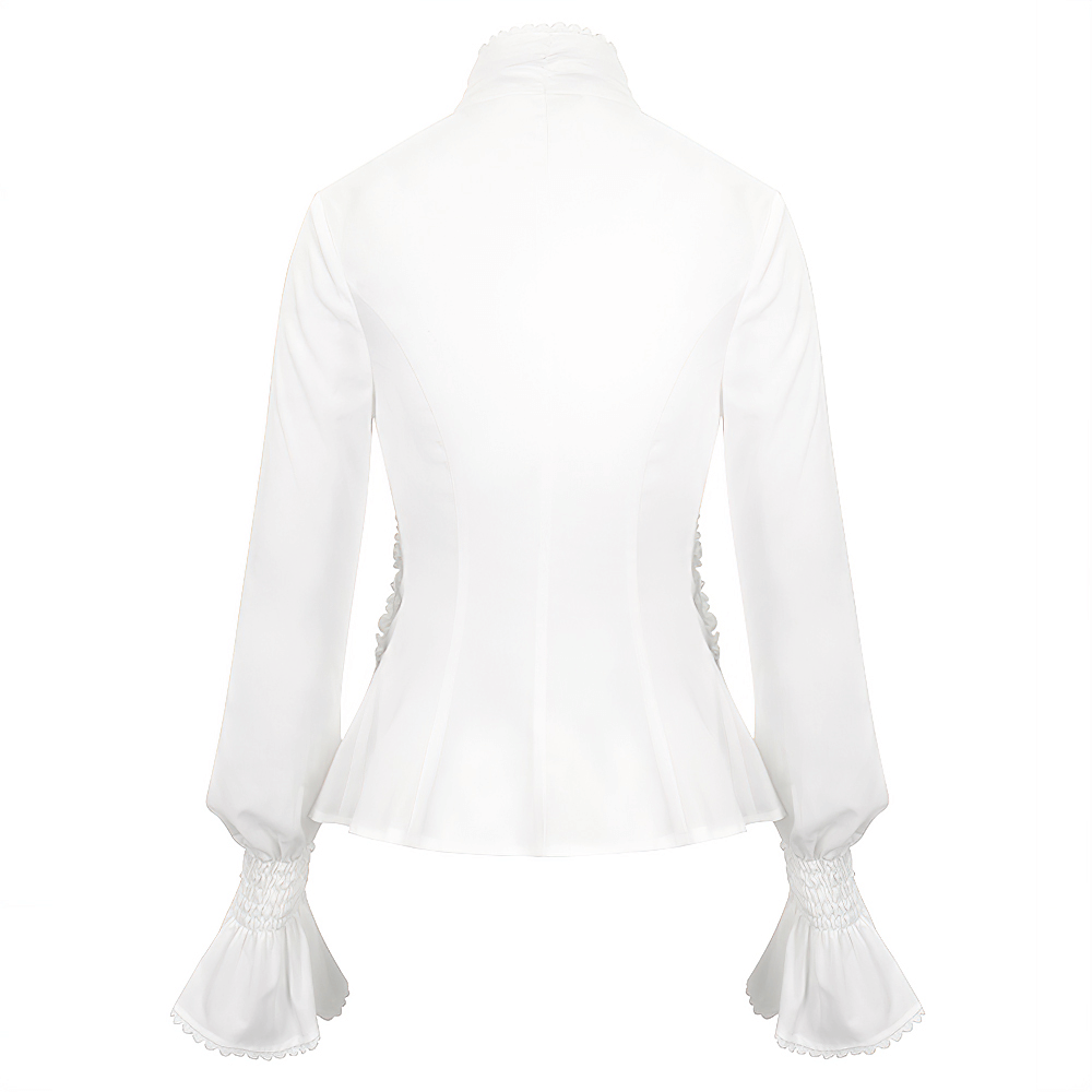 Back view of a women's gothic slim white blouse featuring ruffled flared cuffs and vintage-inspired design.