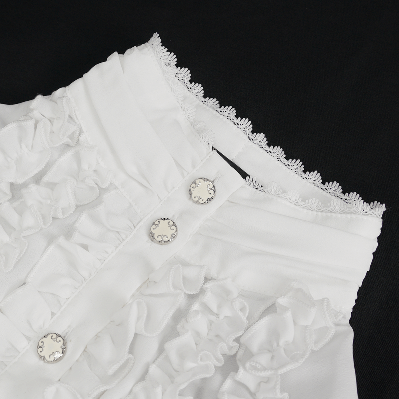 Close-up of the Retro Ruffles Flared Cuff Gothic Slim White Blouse, showcasing intricate ruffles and buttons.