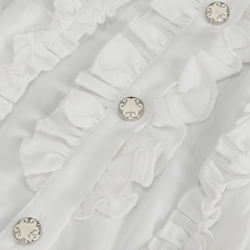 Close-up of white blouse featuring vintage ruffles and decorative buttons, embodying retro Gothic fashion.