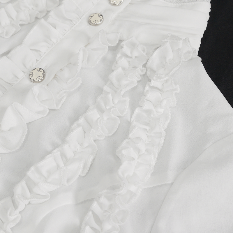Close-up of white Gothic blouse featuring ruffled detailing and flared cuffs for a vintage-inspired look.