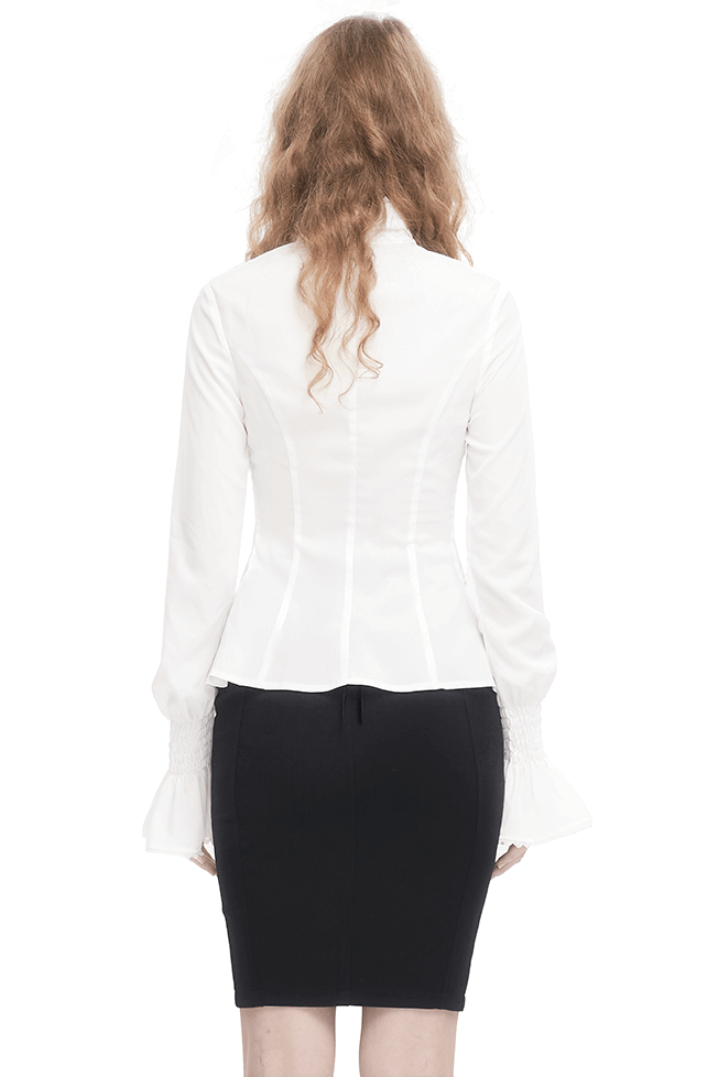 Back view of a women's Gothic slim white blouse with ruffled flared cuffs, complemented by a sleek black skirt.