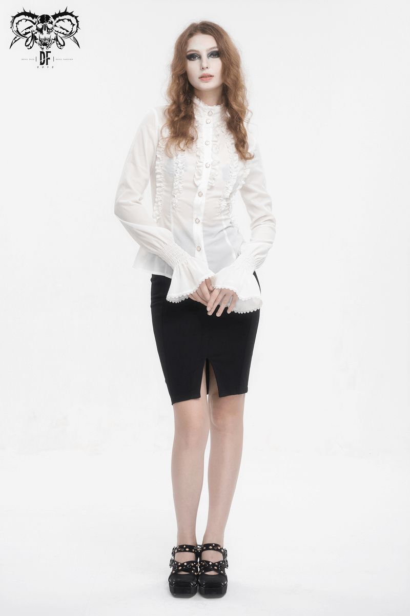 Gothic slim white blouse with ruffled flared cuffs, paired with a black skirt and stylish shoes, embodying retro elegance.