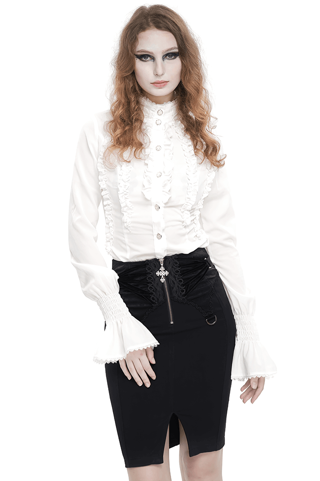 Gothic slim white blouse with ruffled flared cuffs, styled for a retro Victorian look.