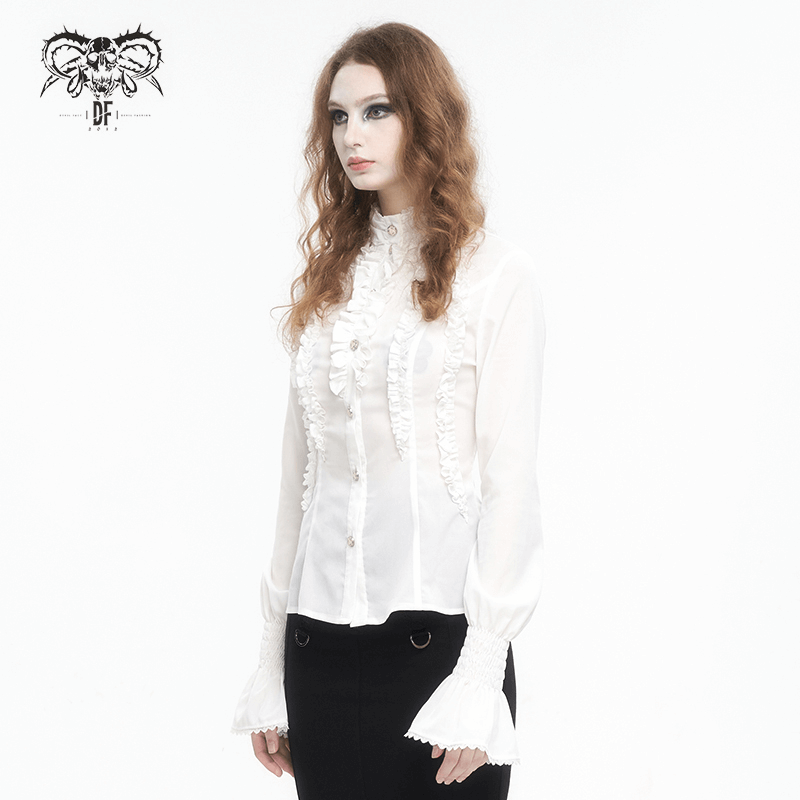 Gothic slim white blouse with retro ruffles and flared cuffs, perfect for a Victorian-inspired look.