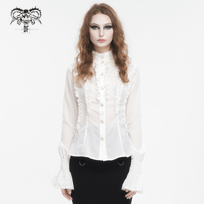 Women's Gothic slim white blouse with Victorian ruffles and flared cuffs, perfect for retro style lovers.