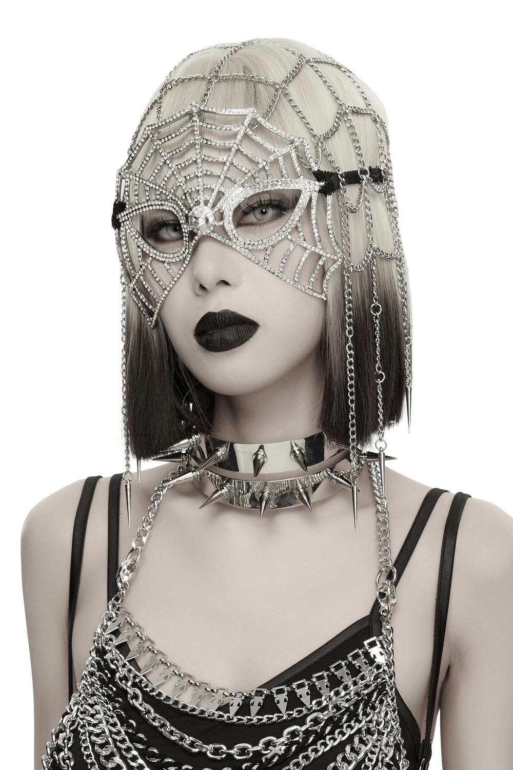 Rhinestone Spider Web Feather Chain Masquerade Mask worn with spiked accessories for a dramatic 1920s Gothic look.