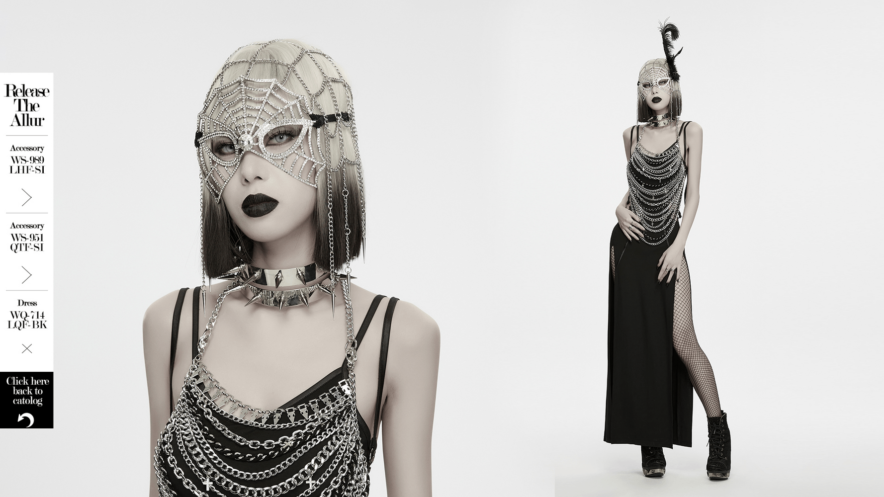 Rhinestone Spider Web Feather Chain Masquerade Mask paired with a dramatic goth outfit for a 1920s vintage look.