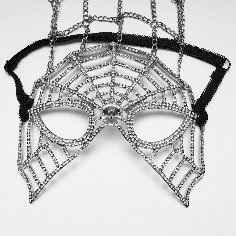 Rhinestone Spider Web Feather Chain Masquerade Mask with chains and rhinestones, perfect for 1920s Gothic style.