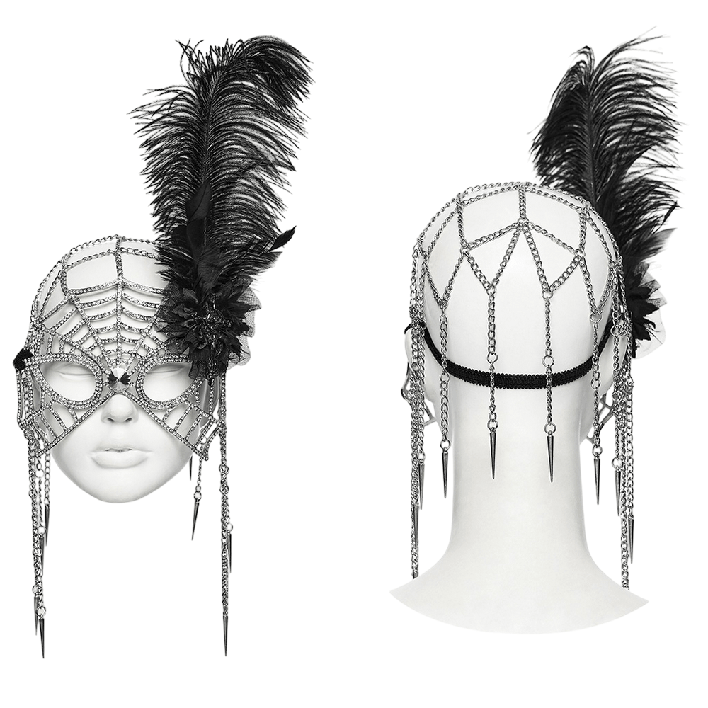 Rhinestone Spider Web Feather Chain Masquerade Mask showcasing a gothic design with feathers, chains, and pointed charms.