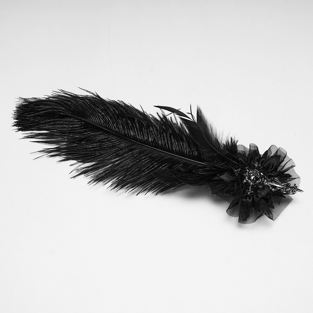 Rhinestone Spider Web Feather Chain Masquerade Mask featuring a dramatic black feather detail.