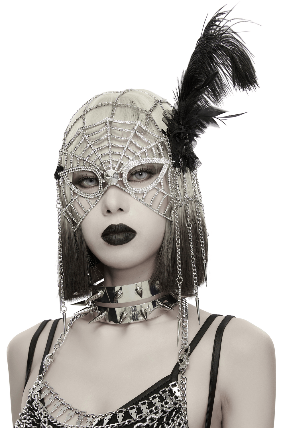 Rhinestone Spider Web Feather Chain Masquerade Mask showcasing gothic style and dramatic feather details.