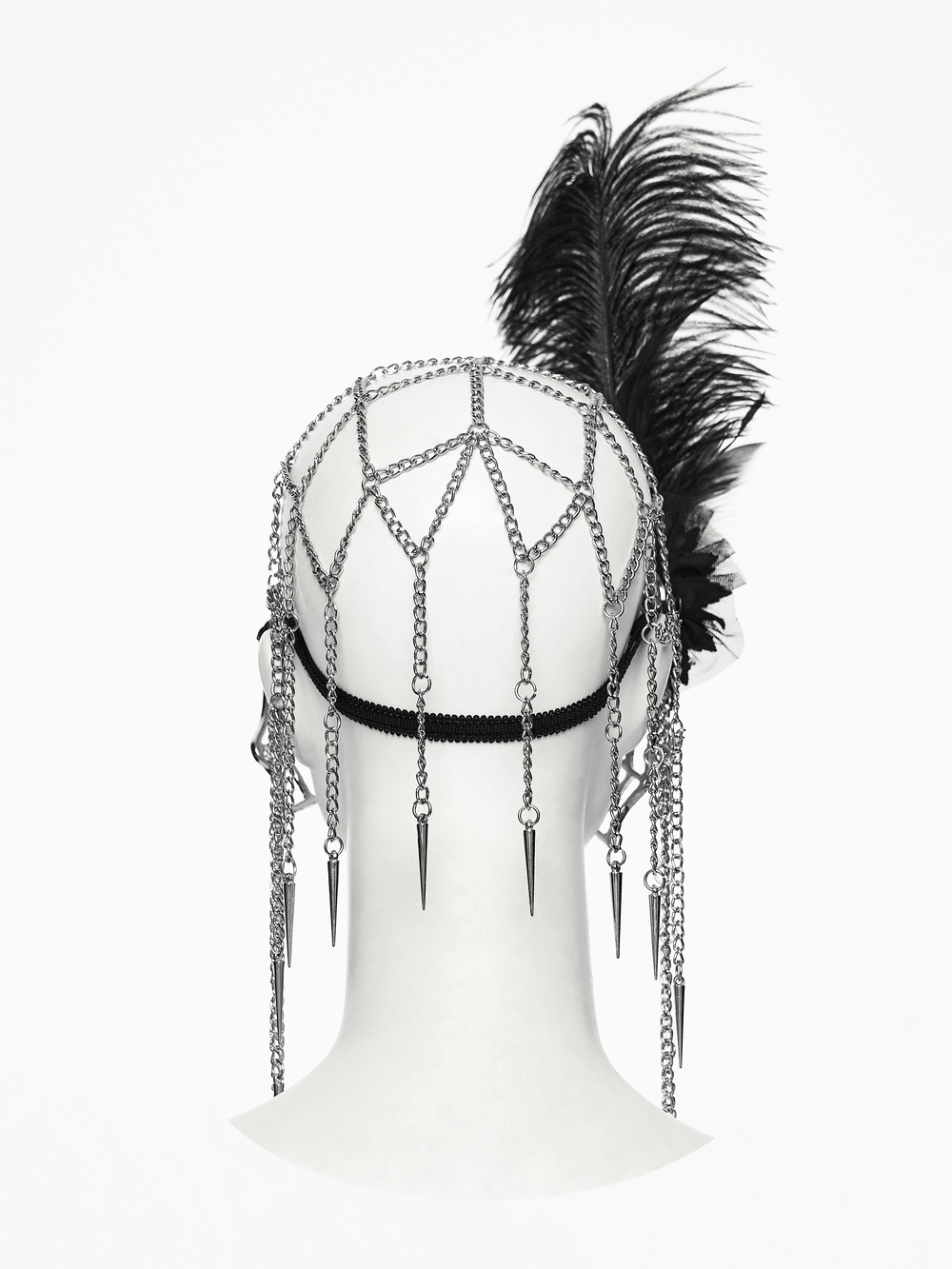 Rhinestone Spider Web Feather Chain Masquerade Mask showcasing intricate chain design and feather accents.