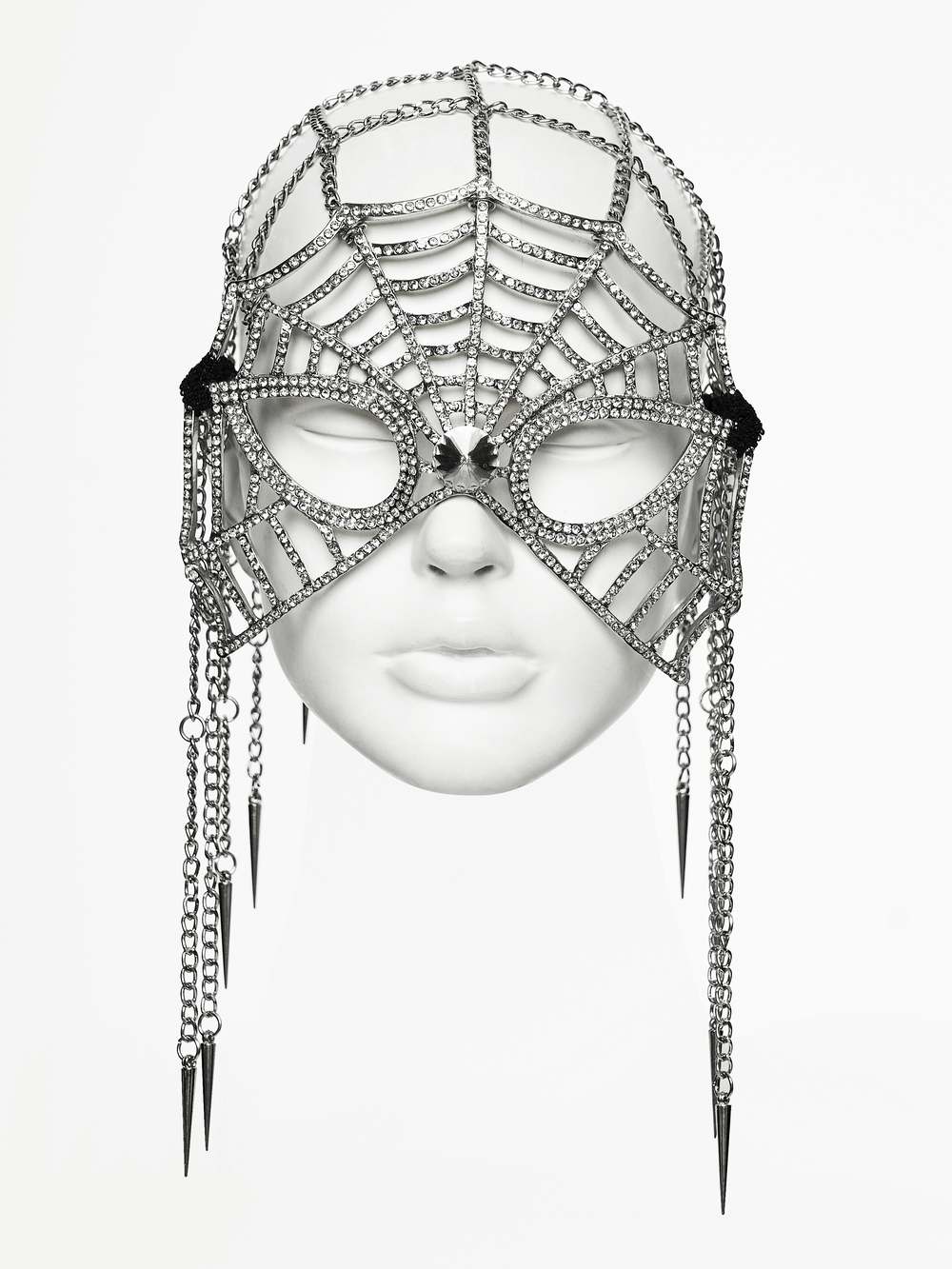 Rhinestone Spider Web Feather Chain Masquerade Mask showcasing a dramatic design with chains and spikes.