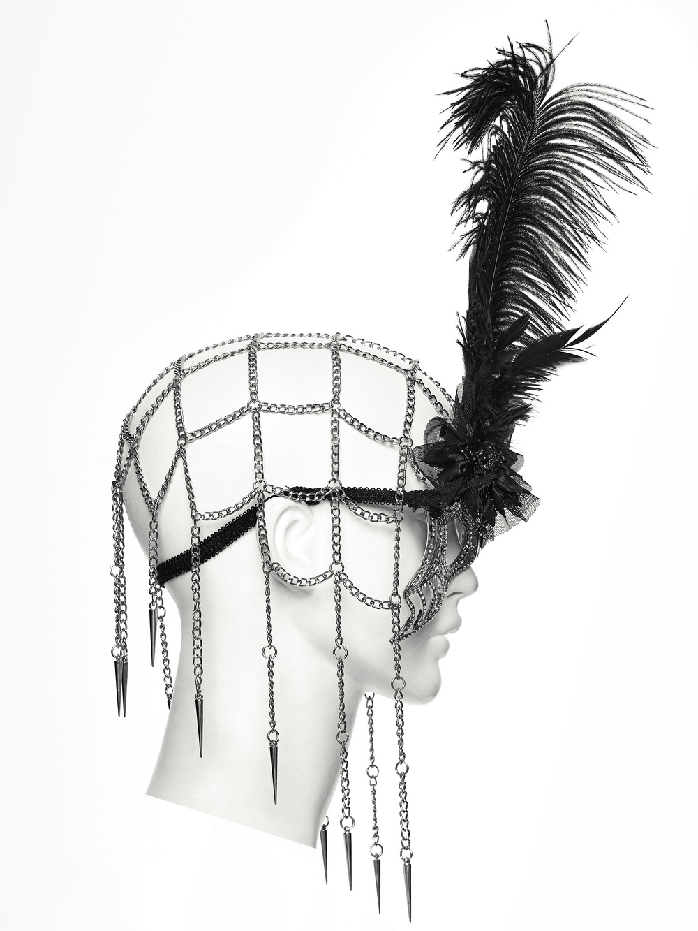Rhinestone Spider Web Feather Chain Masquerade Mask featuring feathers and chains for a vintage Gothic look.