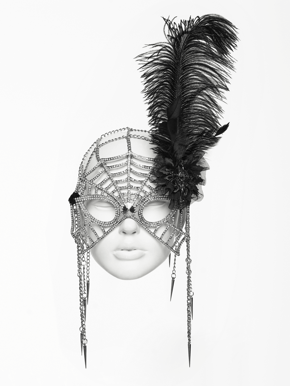 Rhinestone Spider Web Feather Chain Masquerade Mask featuring elegant chains and dramatic feathers for a 1920s Gothic look.