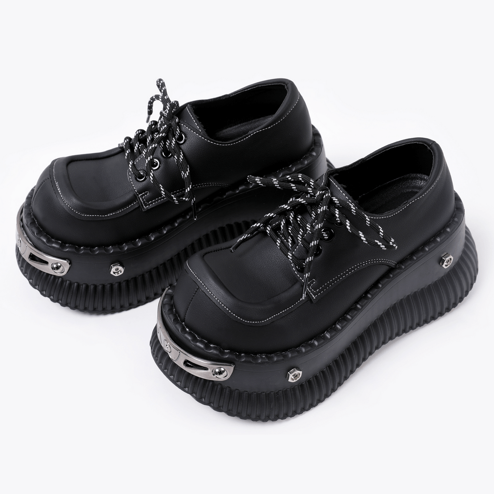 Ribbed Sole Platform Derby Shoes with Rope Laces, chunky black lace-up derbies with silver-tone studs