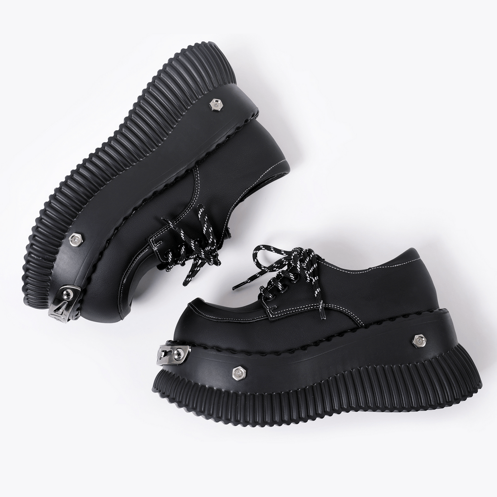 Ribbed Sole Platform Derby Shoes with Rope Laces, chunky black lace-up shoes with metal studs