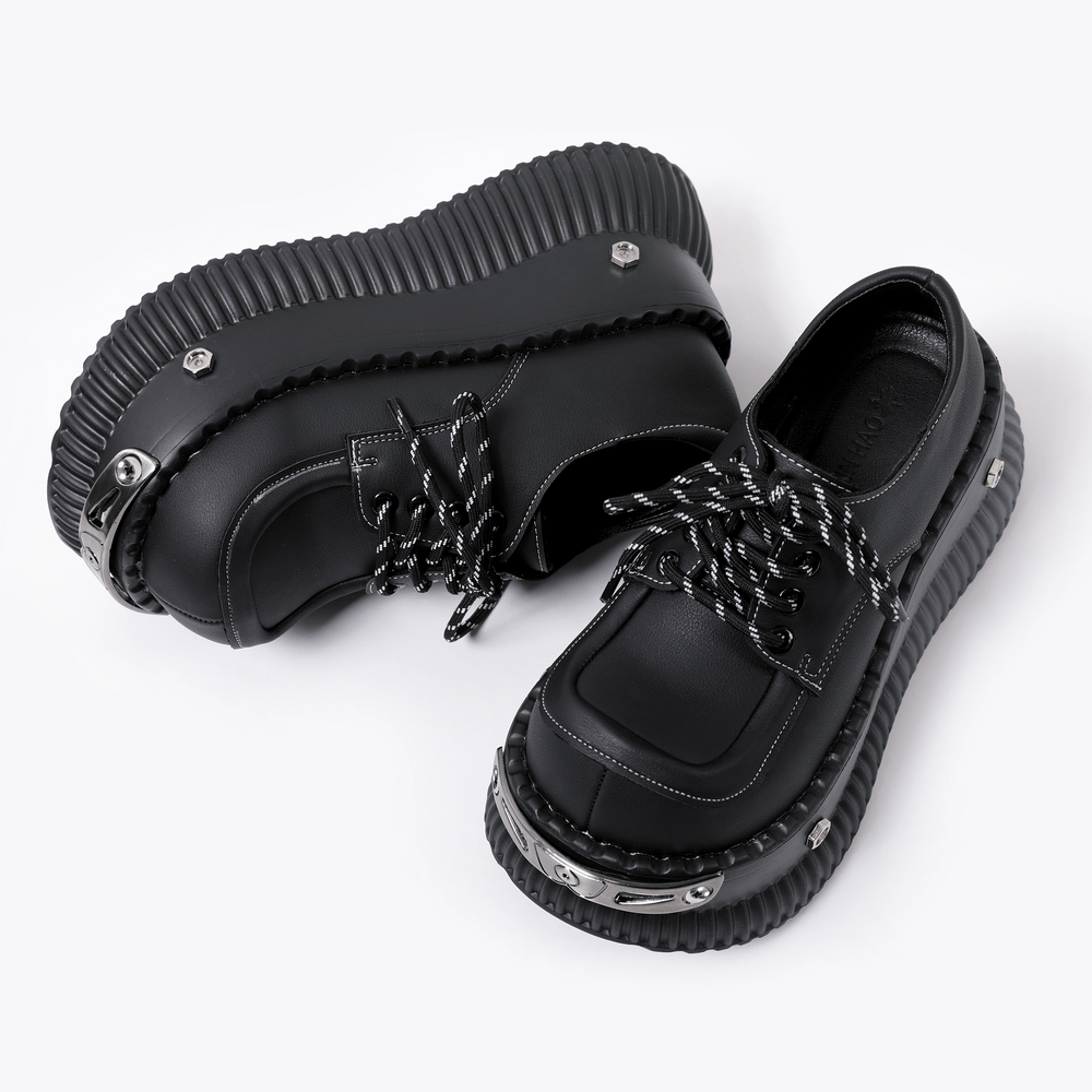 Ribbed Sole Platform Derby Shoes with Rope Laces, chunky black platform lace-ups with metal studs