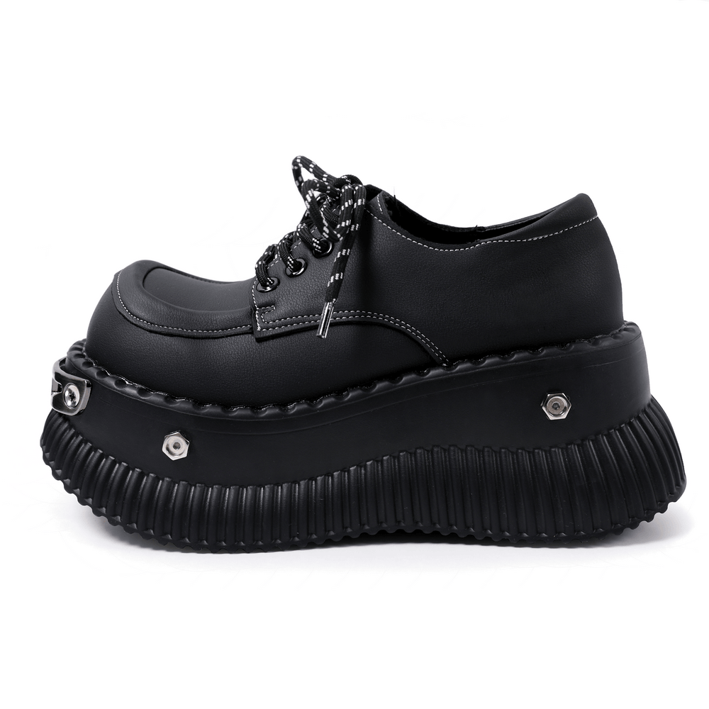 Ribbed Sole Platform Derby Shoes with Rope Laces, black chunky lace-up shoe with metal studs and oversized platform sole