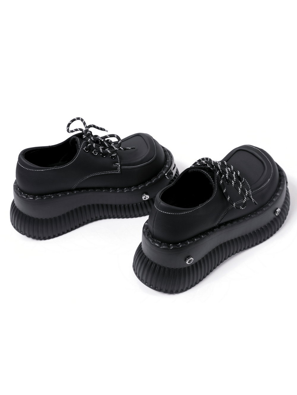 Ribbed Sole Platform Derby Shoes with Rope Laces, chunky black lace-up platforms with metal studs