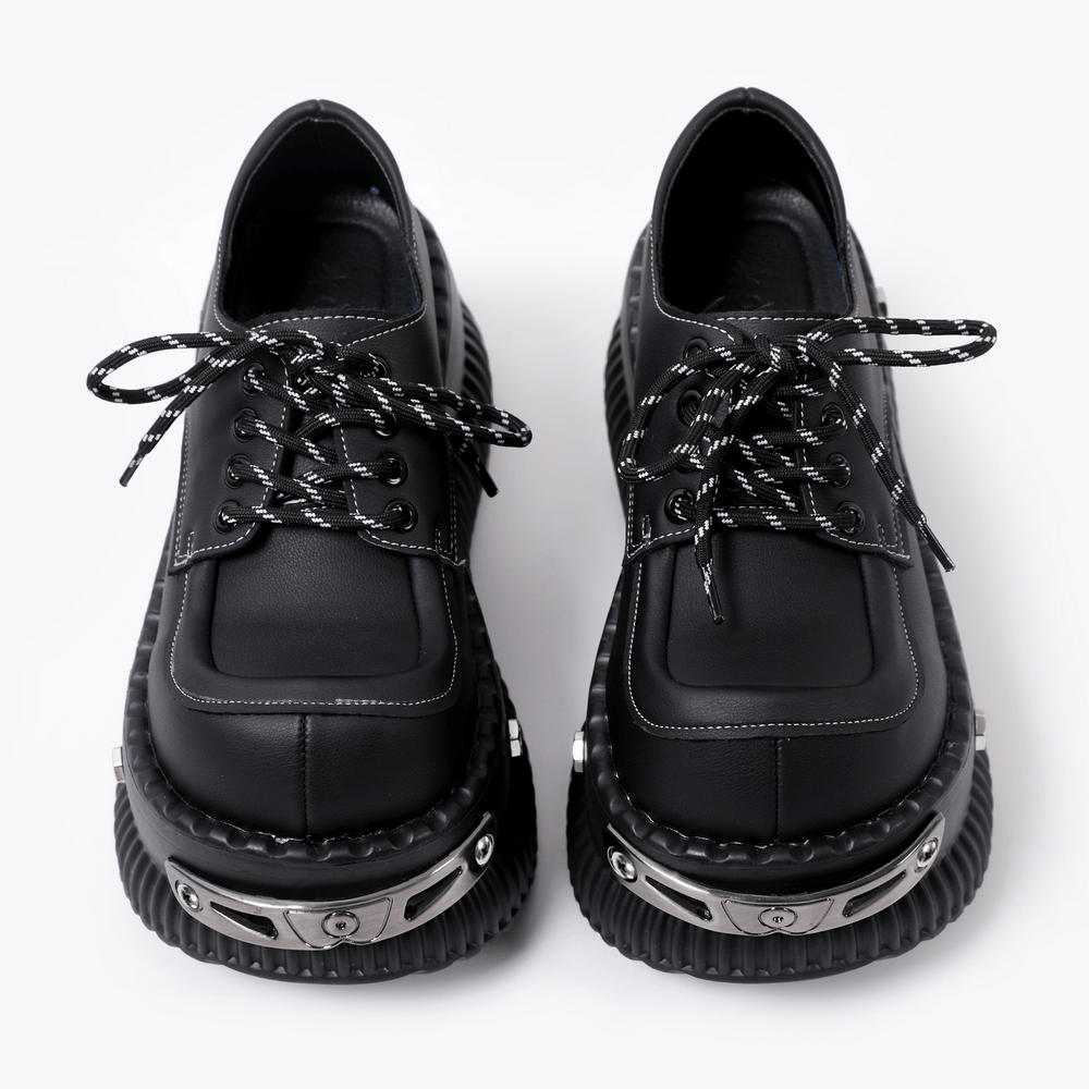 Ribbed Sole Platform Derby Shoes with Rope Laces, chunky black lace-up shoes with silver studs and platform sole