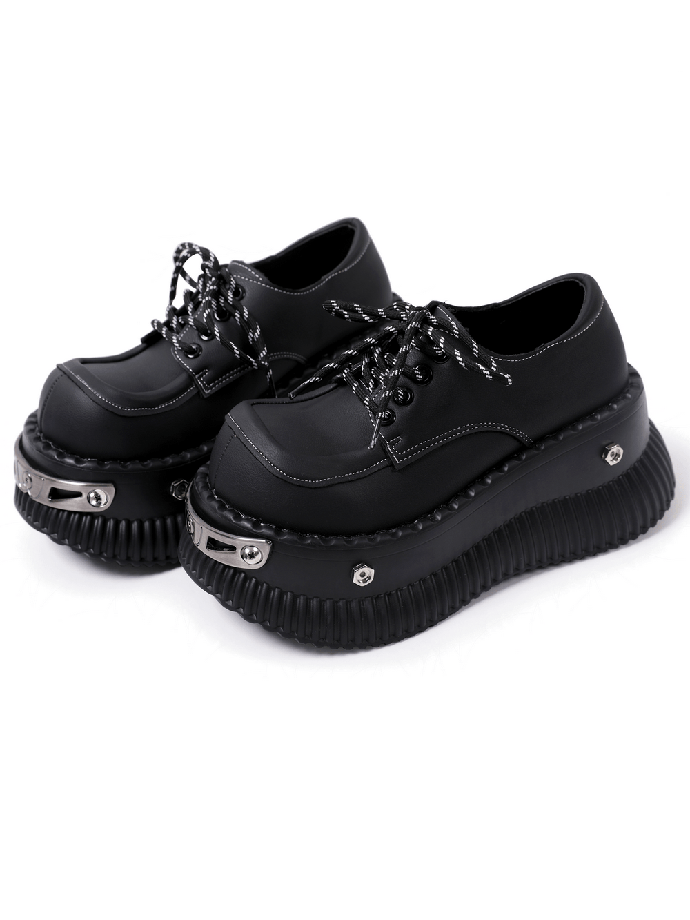 Ribbed Sole Platform Derby Shoes with Rope Laces, chunky black lace-up shoes with studded platform soles