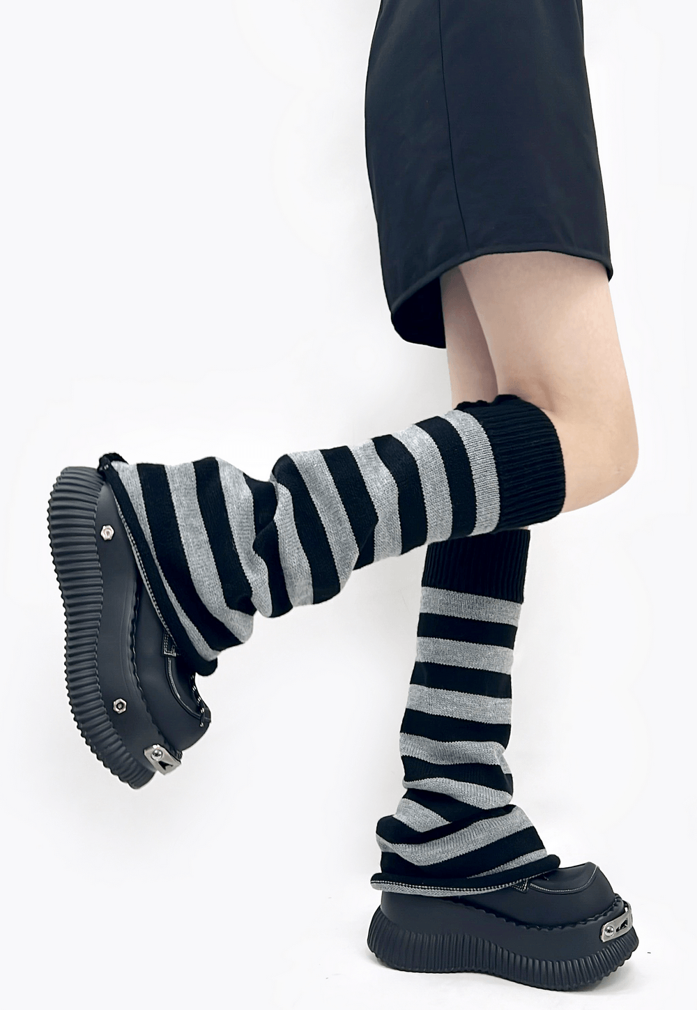 Ribbed Sole Platform Derby Shoes with Rope Laces, chunky black platform lace-ups with silver hardware and striped socks