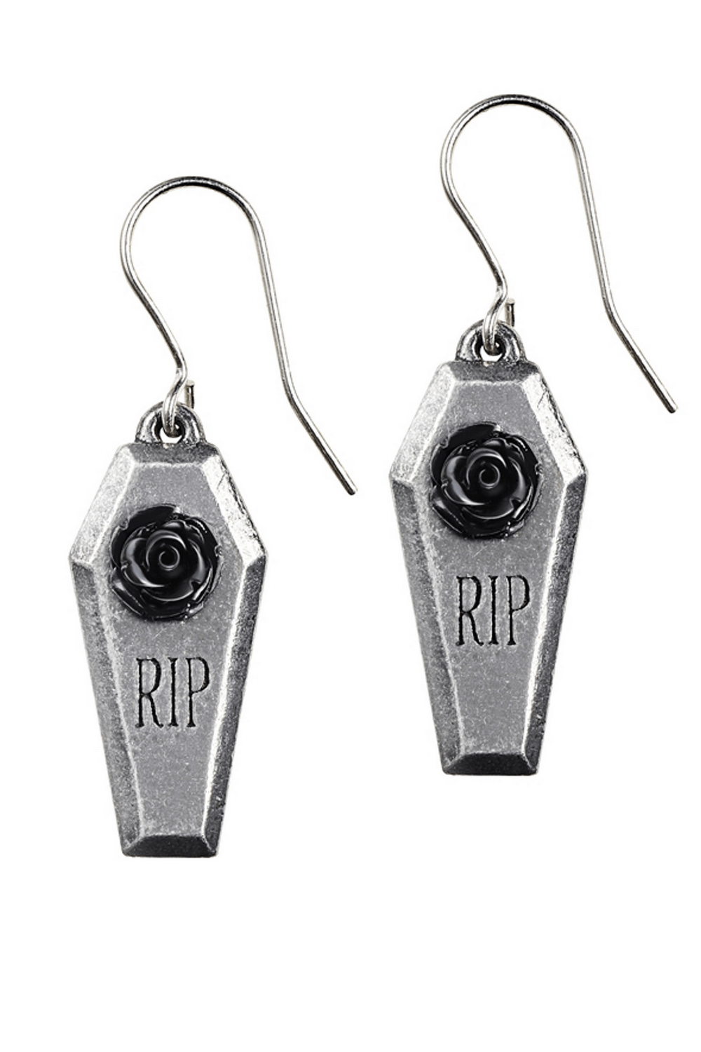 RIP rose coffin earrings featuring black resin rose detail, perfect for a gothic or Halloween-inspired look.