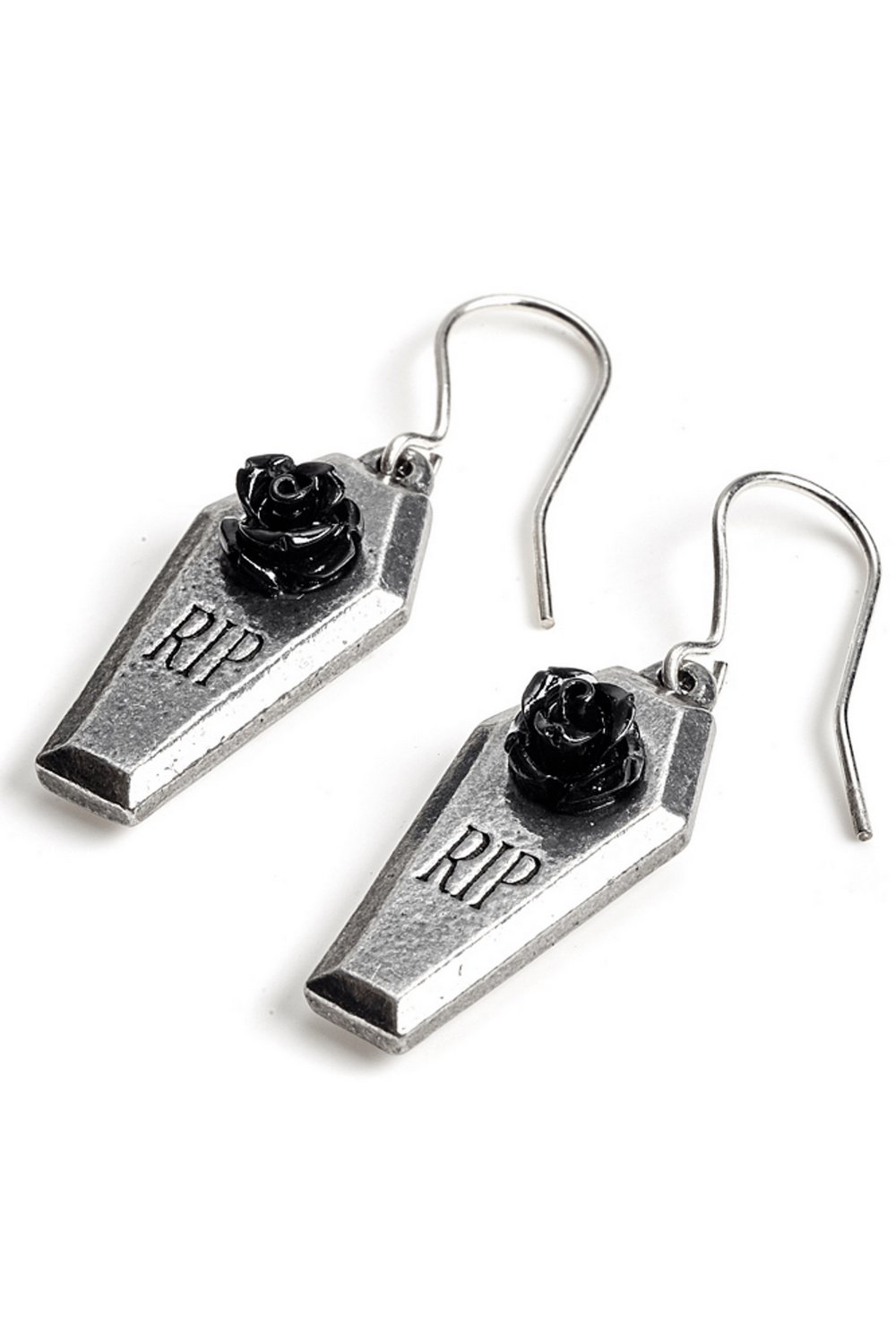 RIP rose coffin earrings featuring detailed black resin rose, perfect for gothic fashion lovers.