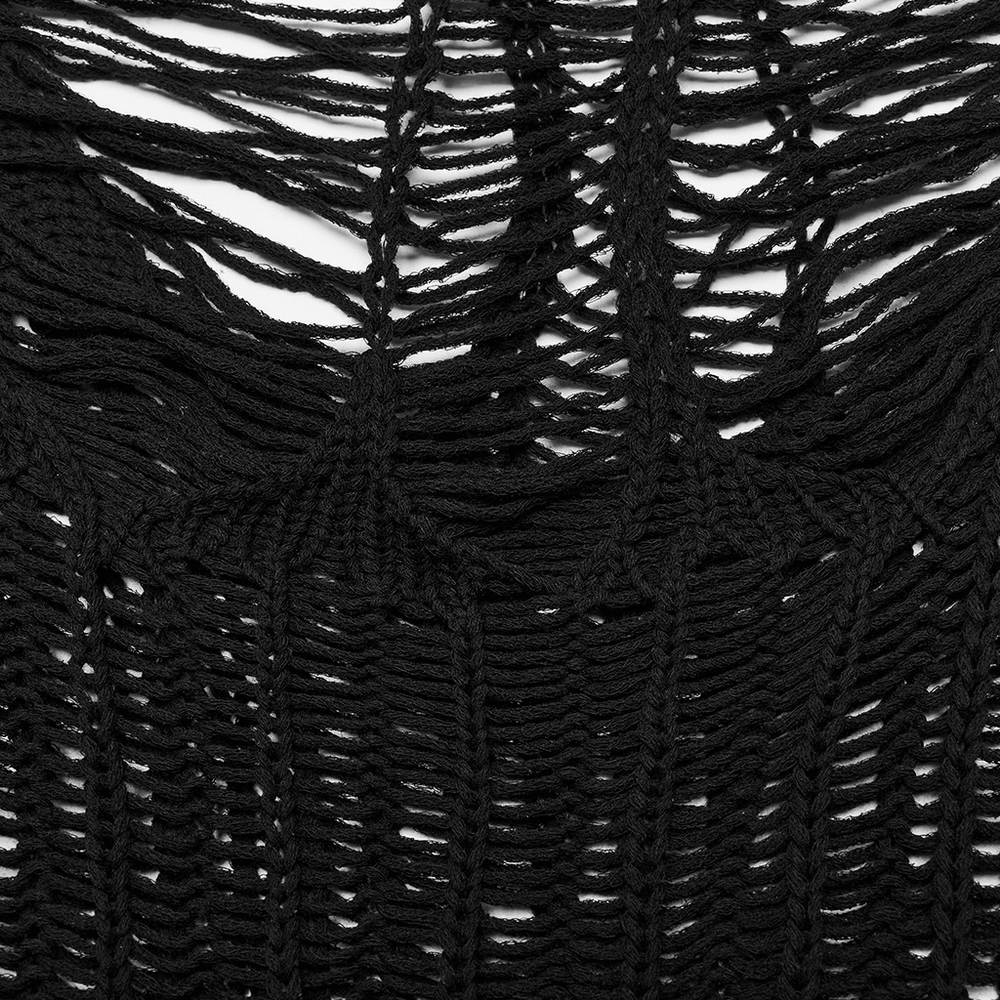 Close-up of ripped black knitted fabric showcasing the unique hollow design of a gothic punk long sleeve sweater.