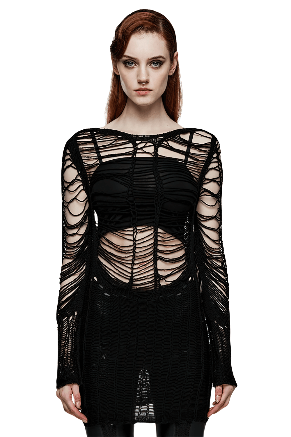 Ripped black Gothic punk long sleeve sweater with hollow out design, perfect for edgy fashion enthusiasts.