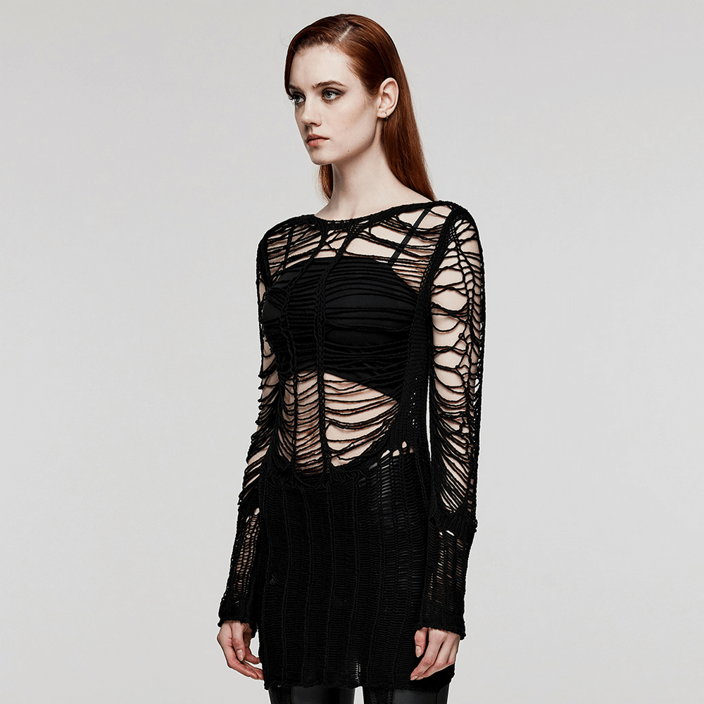 Ripped black gothic punk long sleeve sweater with hollow out design, showcasing a unique edgy style.